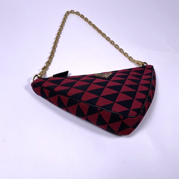 PRADA Red/Black Embroidered Triangle Jacquard Fabric Mini Bag - Picture 3 of 7